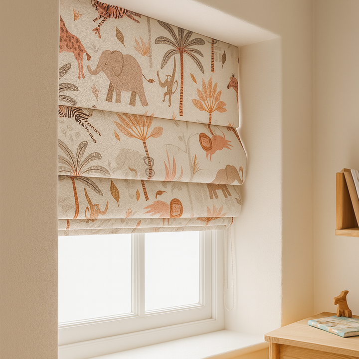 Pure Linen Jungle Animal Safari Roman Blinds for Kids & Nursery – custom corded, light-filter or 100 % blackout