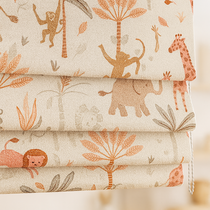 Pure Linen Jungle Animal Safari Roman Blinds for Kids & Nursery – custom corded, light-filter or 100 % blackout