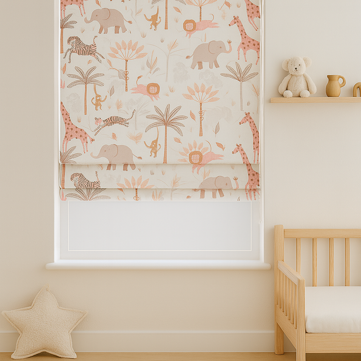 Pure Linen Jungle Animal Safari Roman Blinds for Kids & Nursery – custom corded, light-filter or 100 % blackout