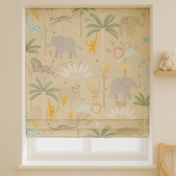 Pure Linen Jungle Animal Safari Roman Blinds for Kids & Nursery – custom corded, light-filter or 100 % blackout