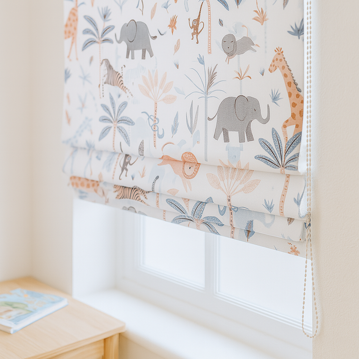Pure Linen Jungle Animal Safari Roman Blinds for Kids & Nursery – custom corded, light-filter or 100 % blackout