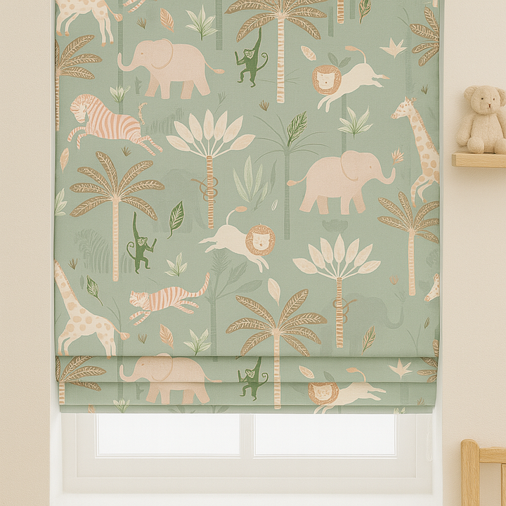 Pure Linen Jungle Animal Safari Roman Blinds for Kids & Nursery – custom corded, light-filter or 100 % blackout