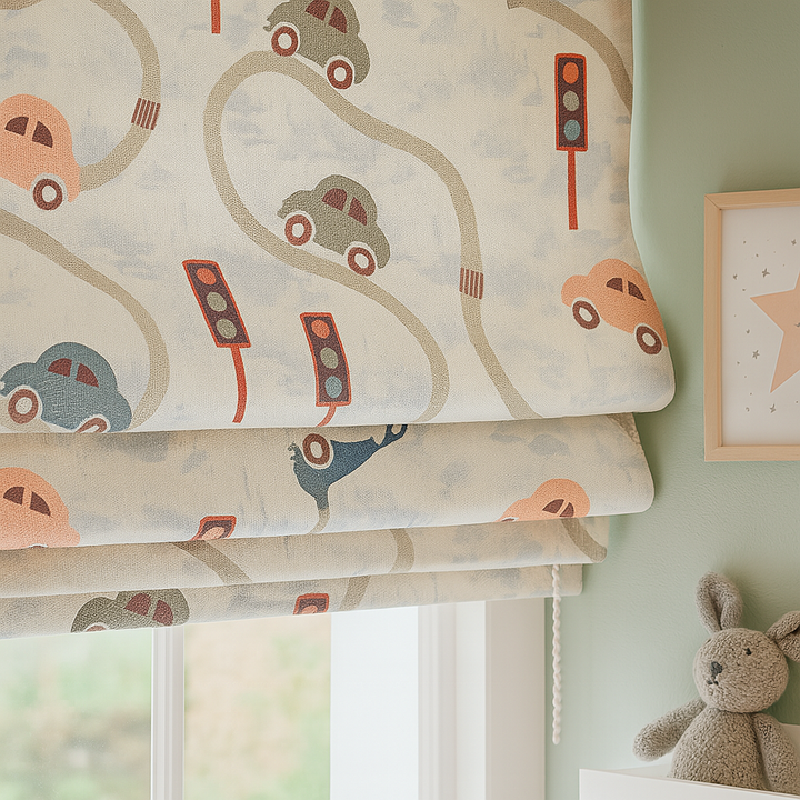 Pure Linen Kids Roman Blind – Traffic Cars Pattern | Made-to-Measure Corded | Blackout & Light-Filtering | Nursery & Children’s Room