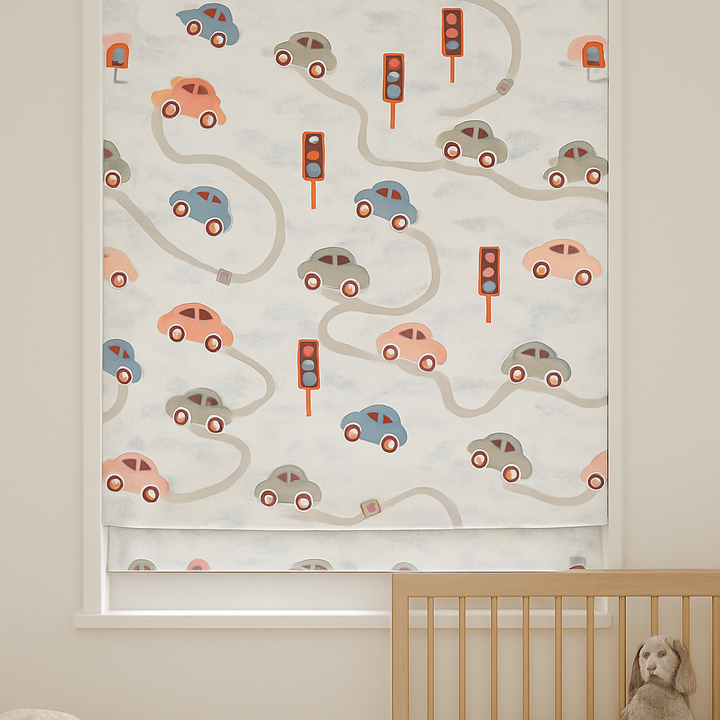 Pure Linen Kids Roman Blind – Traffic Cars Pattern | Made-to-Measure Corded | Blackout & Light-Filtering | Nursery & Children’s Room