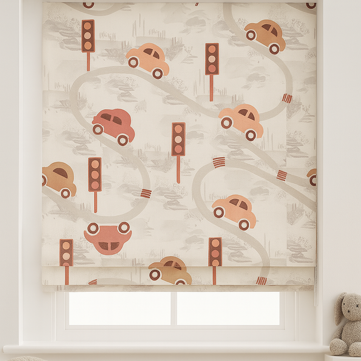Pure Linen Kids Roman Blind – Traffic Cars Pattern | Made-to-Measure Corded | Blackout & Light-Filtering | Nursery & Children’s Room