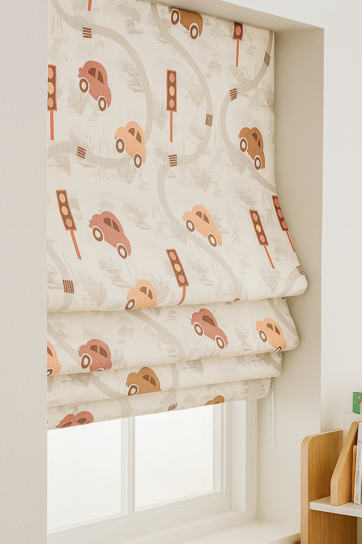 Pure Linen Kids Roman Blind – Traffic Cars Pattern | Made-to-Measure Corded | Blackout & Light-Filtering | Nursery & Children’s Room