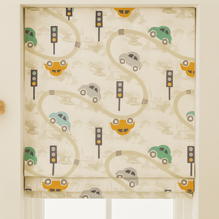 Pure Linen Kids Roman Blind – Traffic Cars Pattern | Made-to-Measure Corded | Blackout & Light-Filtering | Nursery & Children’s Room