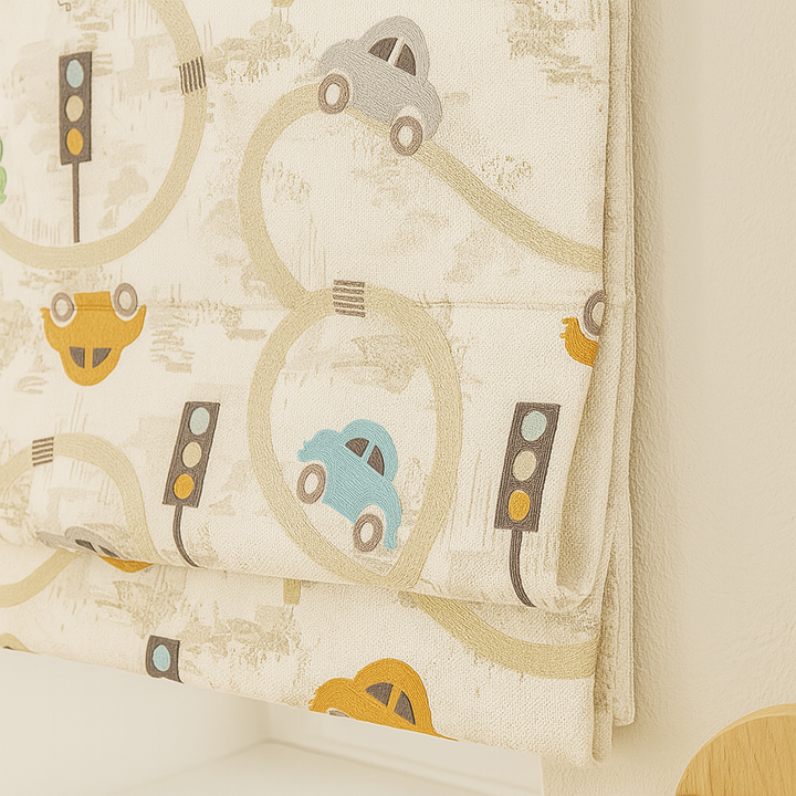 Pure Linen Kids Roman Blind – Traffic Cars Pattern | Made-to-Measure Corded | Blackout & Light-Filtering | Nursery & Children’s Room