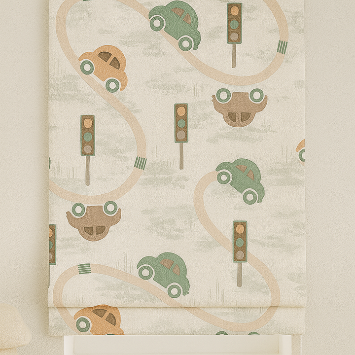 Pure Linen Kids Roman Blind – Traffic Cars Pattern | Made-to-Measure Corded | Blackout & Light-Filtering | Nursery & Children’s Room