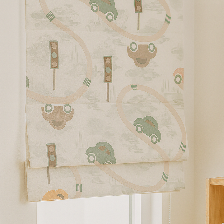 Pure Linen Kids Roman Blind – Traffic Cars Pattern | Made-to-Measure Corded | Blackout & Light-Filtering | Nursery & Children’s Room