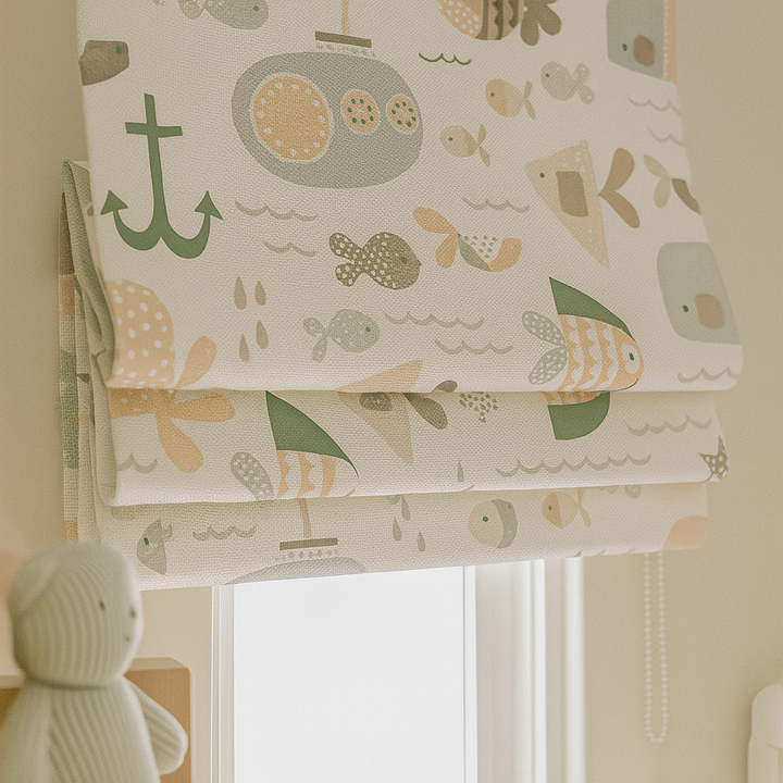 Pure Linen Ocean Adventure Sea Animals & Submarine Kids Roman Blind | Custom Sizes | Blackout or Light-Filtering