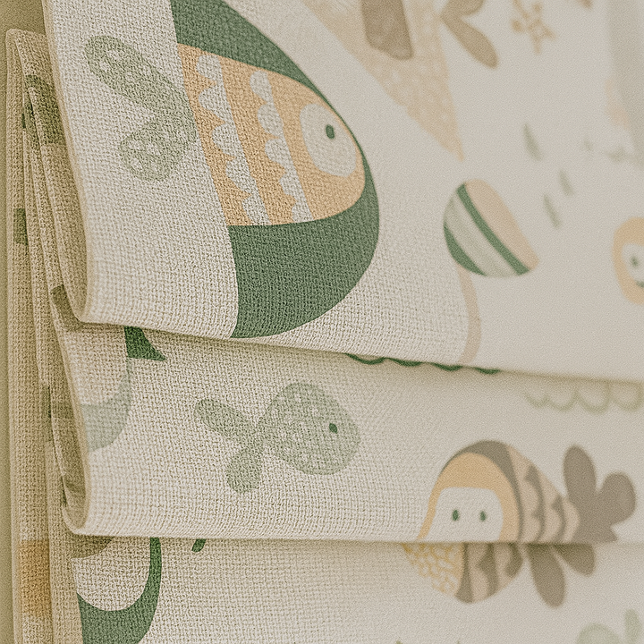 Pure Linen Ocean Adventure Sea Animals & Submarine Kids Roman Blind | Custom Sizes | Blackout or Light-Filtering
