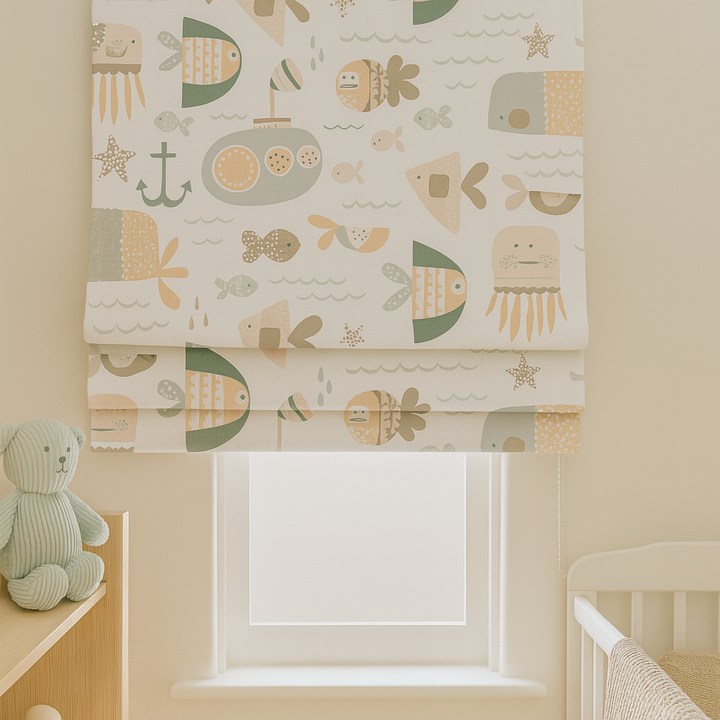 Pure Linen Ocean Adventure Sea Animals & Submarine Kids Roman Blind | Custom Sizes | Blackout or Light-Filtering