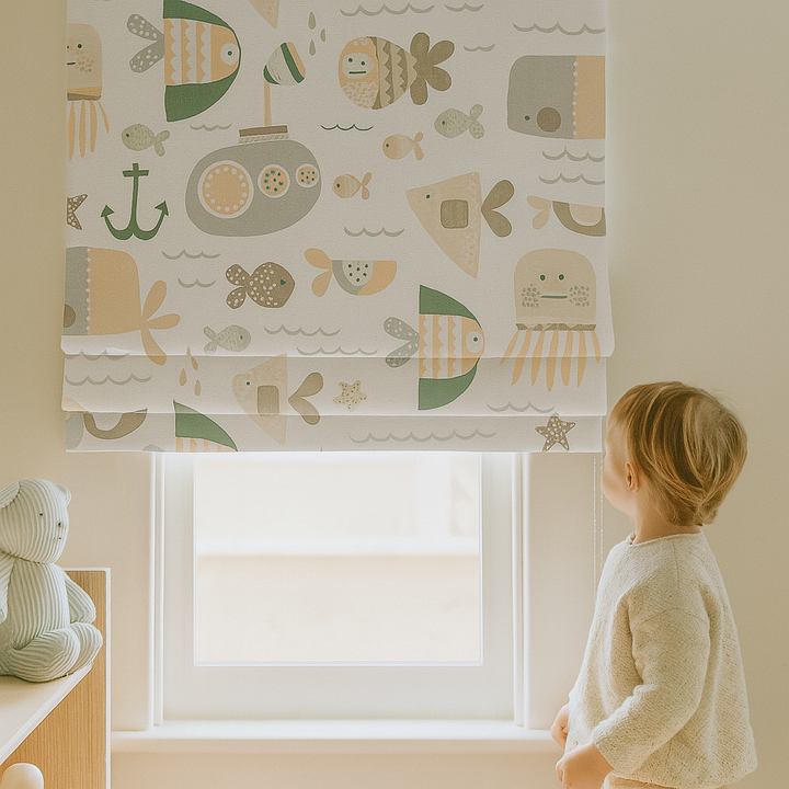 Pure Linen Ocean Adventure Sea Animals & Submarine Kids Roman Blind | Custom Sizes | Blackout or Light-Filtering