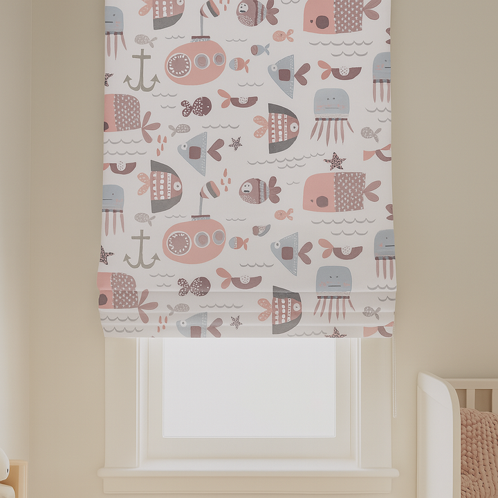 Pure Linen Ocean Adventure Sea Animals & Submarine Kids Roman Blind | Custom Sizes | Blackout or Light-Filtering