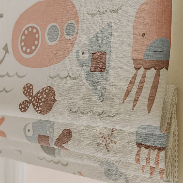 Pure Linen Ocean Adventure Sea Animals & Submarine Kids Roman Blind | Custom Sizes | Blackout or Light-Filtering