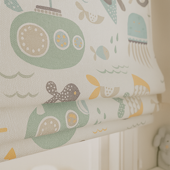 Pure Linen Ocean Adventure Sea Animals & Submarine Kids Roman Blind | Custom Sizes | Blackout or Light-Filtering
