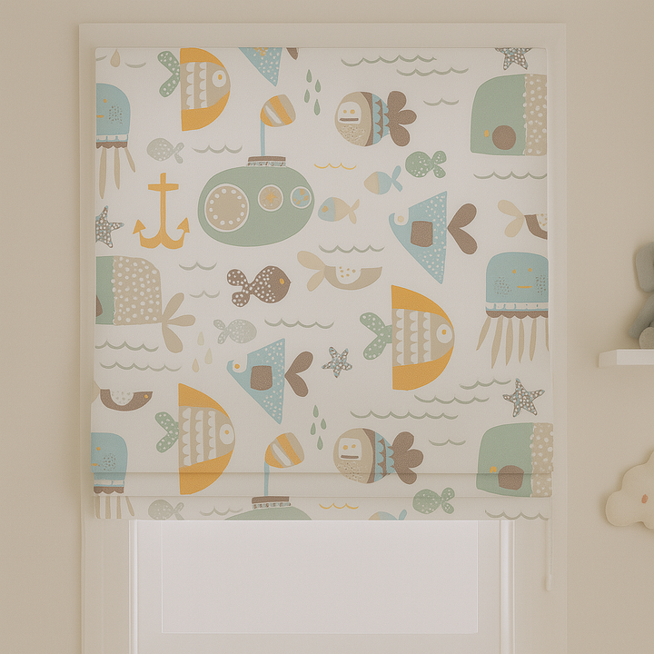 Pure Linen Ocean Adventure Sea Animals & Submarine Kids Roman Blind | Custom Sizes | Blackout or Light-Filtering