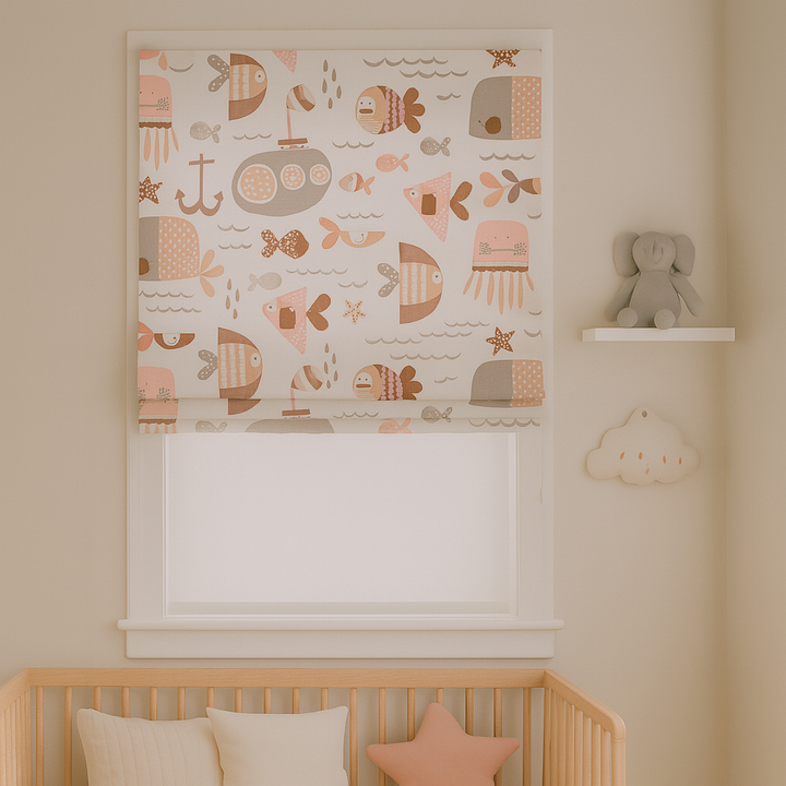 Pure Linen Ocean Adventure Sea Animals & Submarine Kids Roman Blind | Custom Sizes | Blackout or Light-Filtering