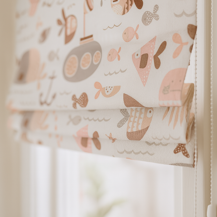 Pure Linen Ocean Adventure Sea Animals & Submarine Kids Roman Blind | Custom Sizes | Blackout or Light-Filtering