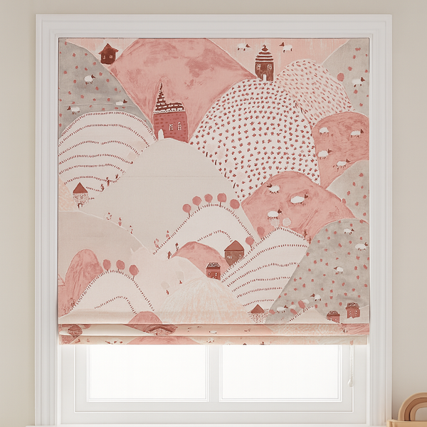 Pure Linen Roman Blinds for Kids’ Rooms & Nurseries – Custom Corded | Mountains & Sheep Print | Light-Filtering or 100 % Blackout | 5 Colourways