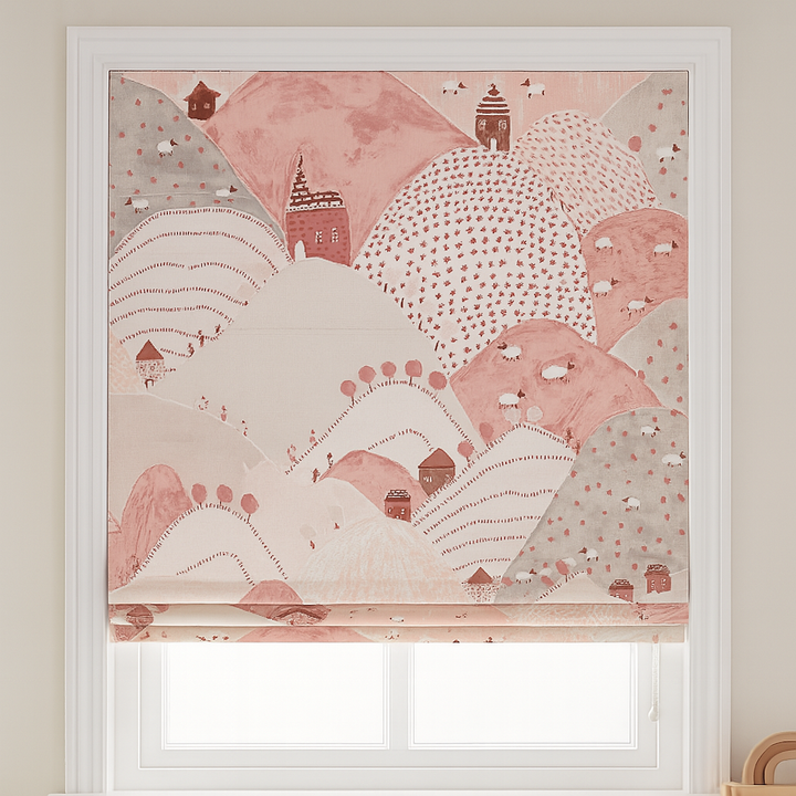 Pure Linen Roman Blinds for Kids’ Rooms & Nurseries – Custom Corded | Mountains & Sheep Print | Light-Filtering or 100 % Blackout | 5 Colourways