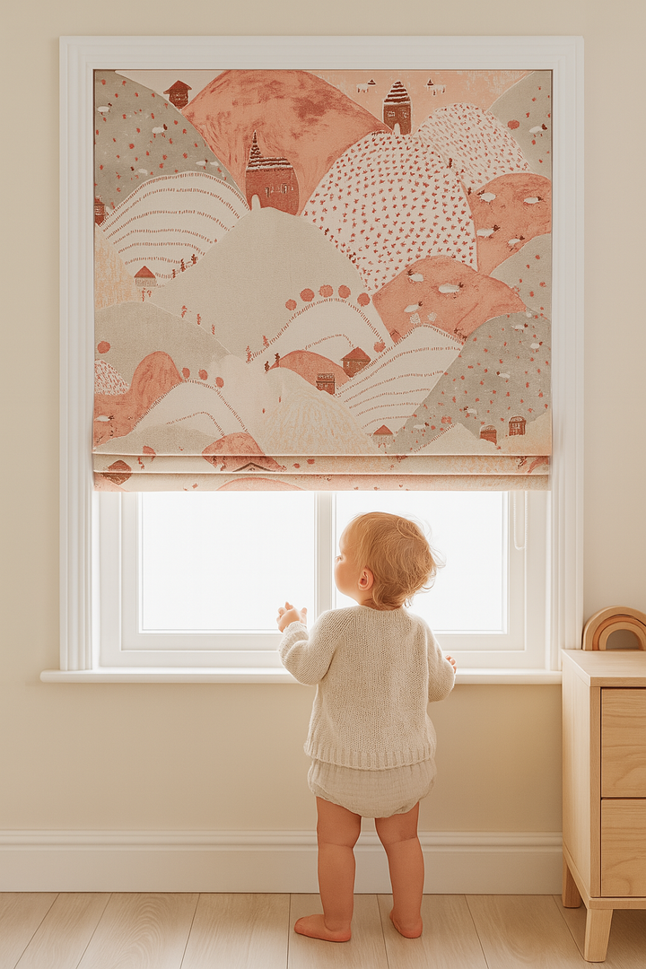 Pure Linen Roman Blinds for Kids’ Rooms & Nurseries – Custom Corded | Mountains & Sheep Print | Light-Filtering or 100 % Blackout | 5 Colourways