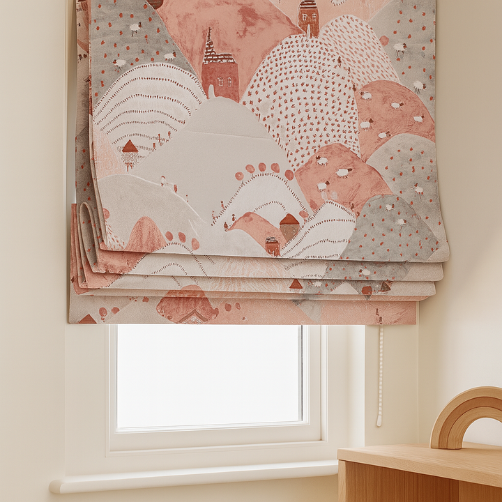 Pure Linen Roman Blinds for Kids’ Rooms & Nurseries – Custom Corded | Mountains & Sheep Print | Light-Filtering or 100 % Blackout | 5 Colourways