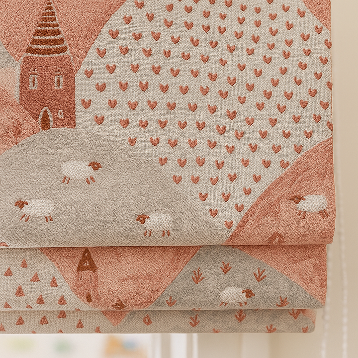 Pure Linen Roman Blinds for Kids’ Rooms & Nurseries – Custom Corded | Mountains & Sheep Print | Light-Filtering or 100 % Blackout | 5 Colourways