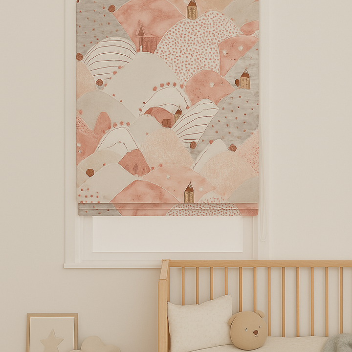 Pure Linen Roman Blinds for Kids’ Rooms & Nurseries – Custom Corded | Mountains & Sheep Print | Light-Filtering or 100 % Blackout | 5 Colourways