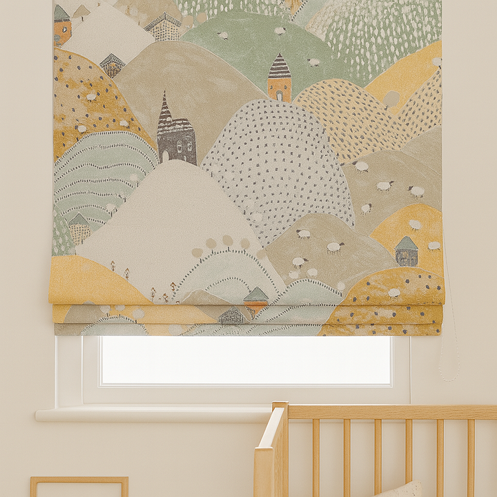 Pure Linen Roman Blinds for Kids’ Rooms & Nurseries – Custom Corded | Mountains & Sheep Print | Light-Filtering or 100 % Blackout | 5 Colourways