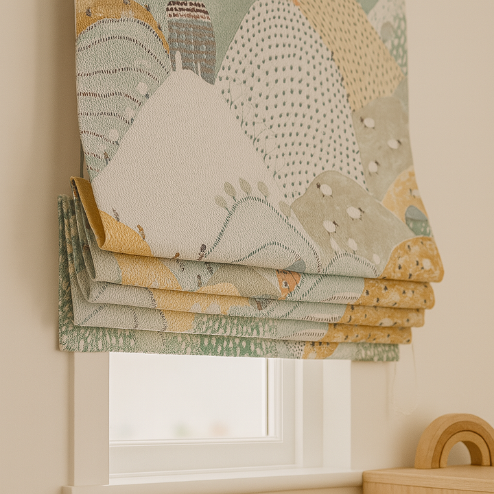 Pure Linen Roman Blinds for Kids’ Rooms & Nurseries – Custom Corded | Mountains & Sheep Print | Light-Filtering or 100 % Blackout | 5 Colourways