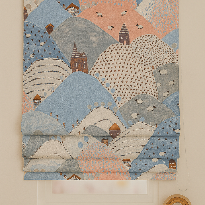 Pure Linen Roman Blinds for Kids’ Rooms & Nurseries – Custom Corded | Mountains & Sheep Print | Light-Filtering or 100 % Blackout | 5 Colourways