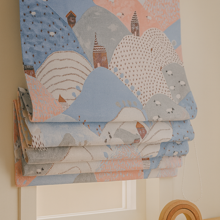 Pure Linen Roman Blinds for Kids’ Rooms & Nurseries – Custom Corded | Mountains & Sheep Print | Light-Filtering or 100 % Blackout | 5 Colourways