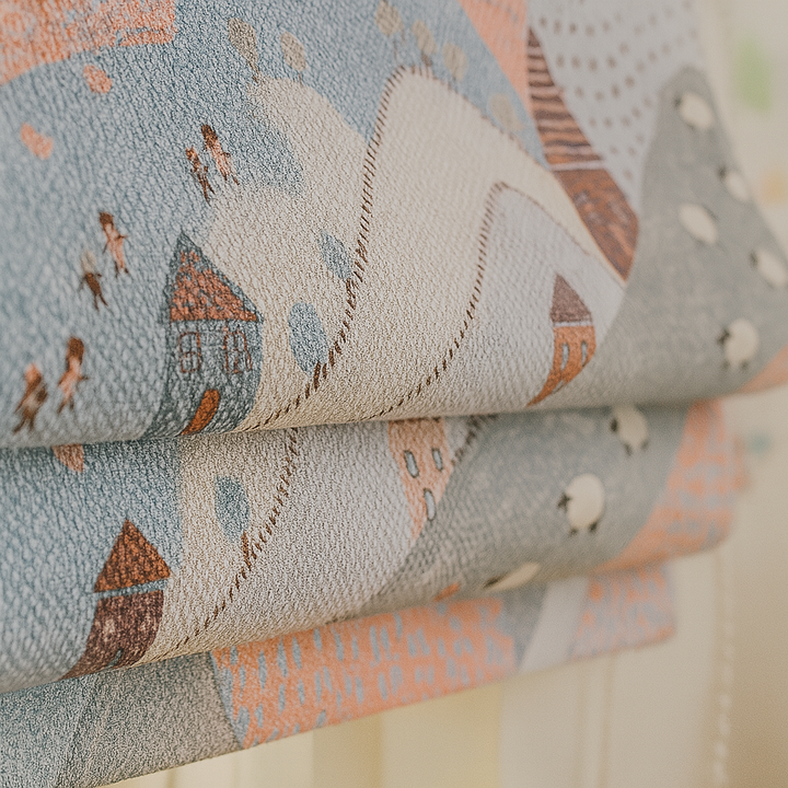 Pure Linen Roman Blinds for Kids’ Rooms & Nurseries – Custom Corded | Mountains & Sheep Print | Light-Filtering or 100 % Blackout | 5 Colourways