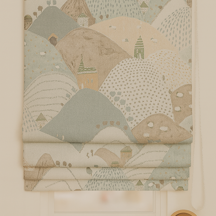 Pure Linen Roman Blinds for Kids’ Rooms & Nurseries – Custom Corded | Mountains & Sheep Print | Light-Filtering or 100 % Blackout | 5 Colourways