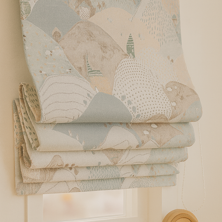 Pure Linen Roman Blinds for Kids’ Rooms & Nurseries – Custom Corded | Mountains & Sheep Print | Light-Filtering or 100 % Blackout | 5 Colourways