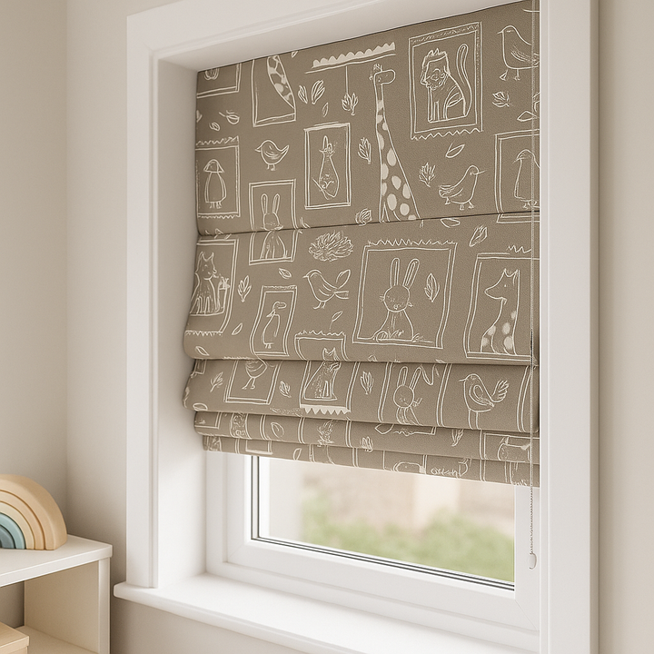 Sketchbook Safari Pure Linen Roman Blind – 5 Hand-Drawn Colourways | Custom Kids & Nursery