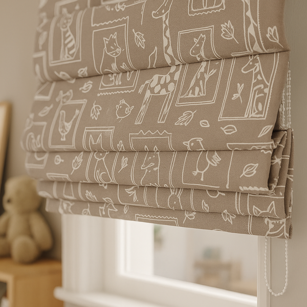 Sketchbook Safari Pure Linen Roman Blind – 5 Hand-Drawn Colourways | Custom Kids & Nursery