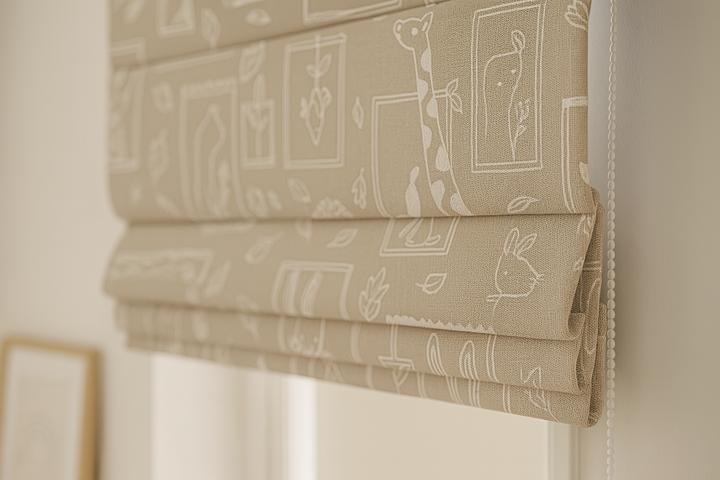 Sketchbook Safari Pure Linen Roman Blind – 5 Hand-Drawn Colourways | Custom Kids & Nursery