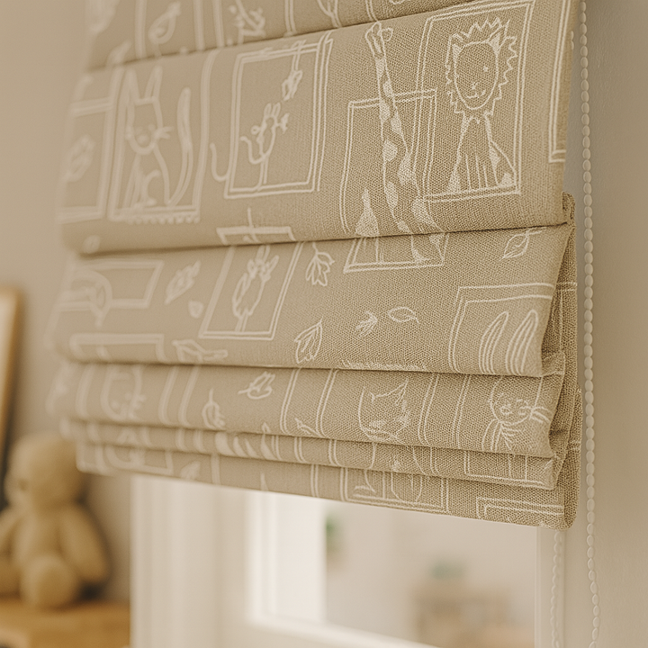 Sketchbook Safari Pure Linen Roman Blind – 5 Hand-Drawn Colourways | Custom Kids & Nursery