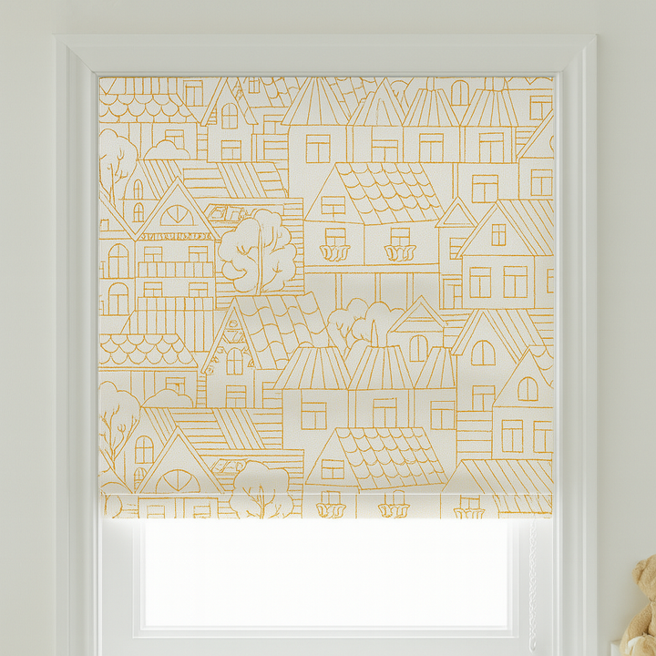 Custom Pure Linen Roman Blinds for Kids’ Rooms & Nurseries – Village-Sketch Embroidery in 4 Colorways – Made-to-Measure UK | Blackout or Light-Filtering