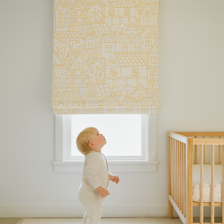 Custom Pure Linen Roman Blinds for Kids’ Rooms & Nurseries – Village-Sketch Embroidery in 4 Colorways – Made-to-Measure UK | Blackout or Light-Filtering