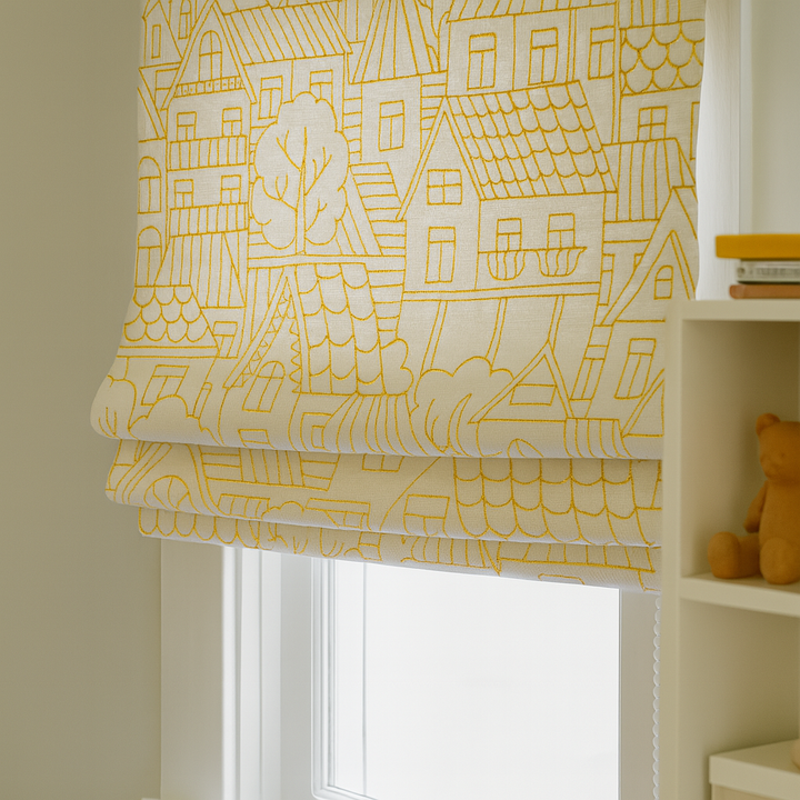 Custom Pure Linen Roman Blinds for Kids’ Rooms & Nurseries – Village-Sketch Embroidery in 4 Colorways – Made-to-Measure UK | Blackout or Light-Filtering