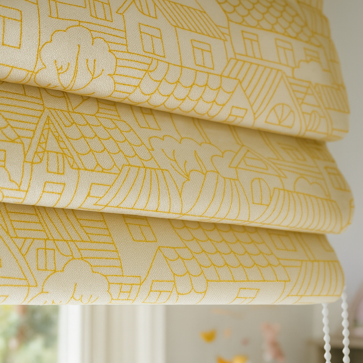 Custom Pure Linen Roman Blinds for Kids’ Rooms & Nurseries – Village-Sketch Embroidery in 4 Colorways – Made-to-Measure UK | Blackout or Light-Filtering