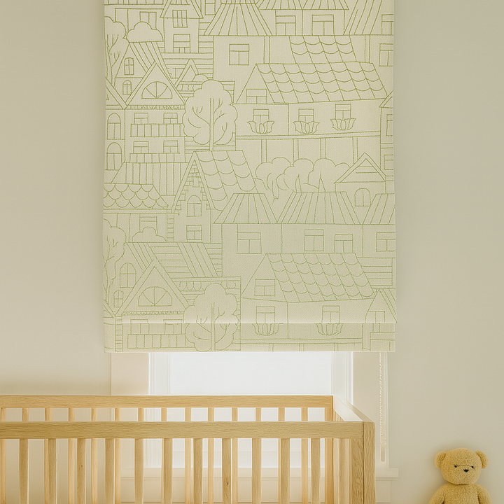 Custom Pure Linen Roman Blinds for Kids’ Rooms & Nurseries – Village-Sketch Embroidery in 4 Colorways – Made-to-Measure UK | Blackout or Light-Filtering
