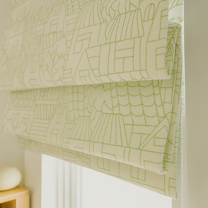Custom Pure Linen Roman Blinds for Kids’ Rooms & Nurseries – Village-Sketch Embroidery in 4 Colorways – Made-to-Measure UK | Blackout or Light-Filtering