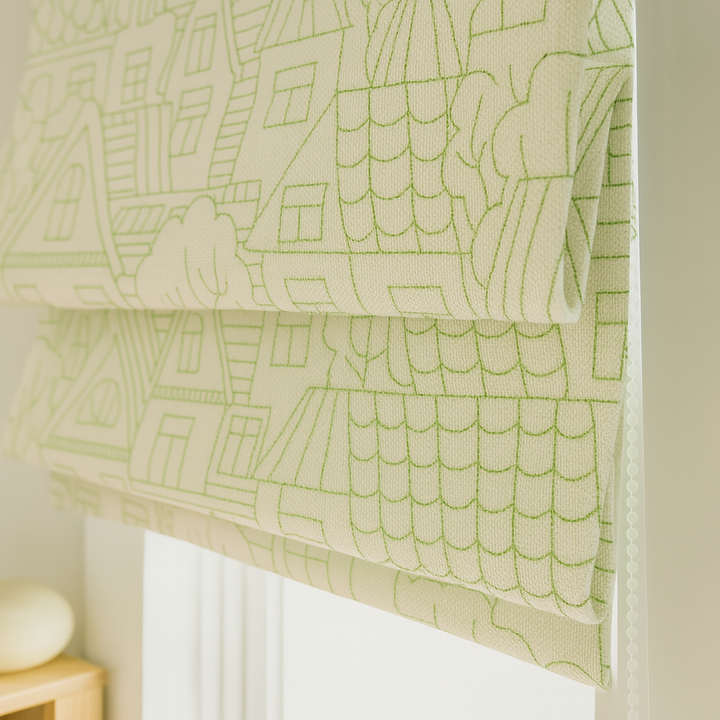 Custom Pure Linen Roman Blinds for Kids’ Rooms & Nurseries – Village-Sketch Embroidery in 4 Colorways – Made-to-Measure UK | Blackout or Light-Filtering