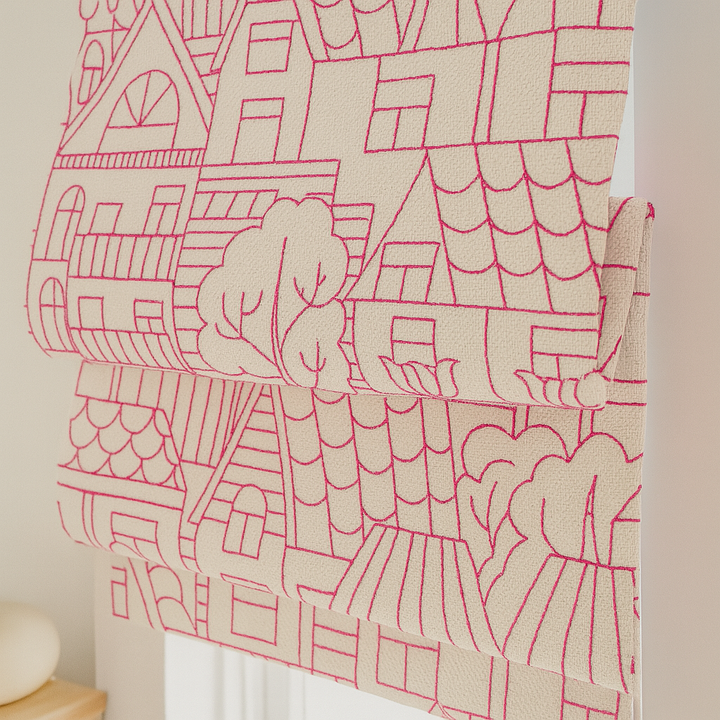Custom Pure Linen Roman Blinds for Kids’ Rooms & Nurseries – Village-Sketch Embroidery in 4 Colorways – Made-to-Measure UK | Blackout or Light-Filtering
