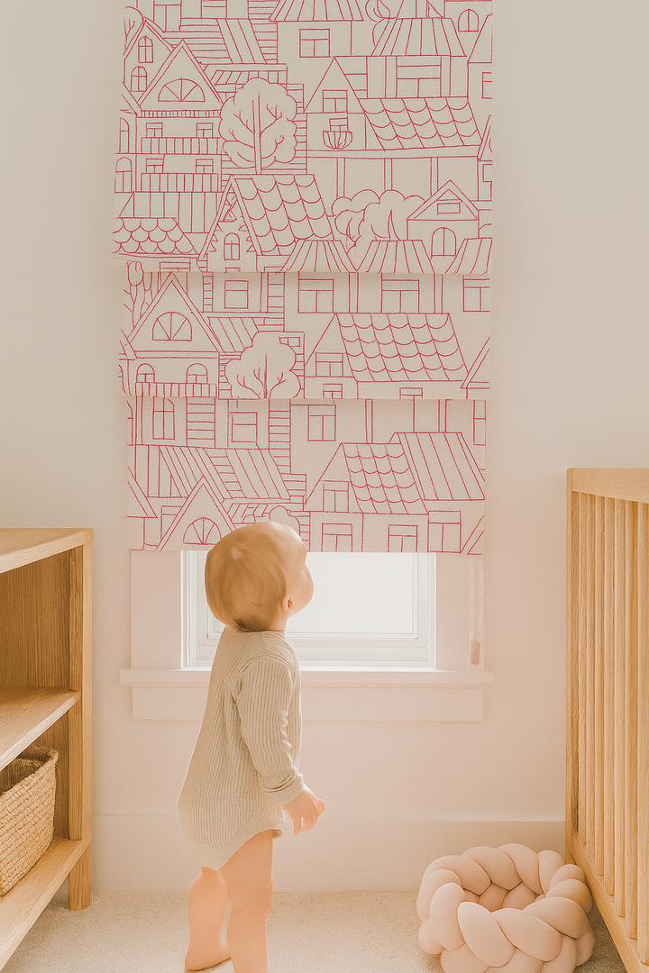 Custom Pure Linen Roman Blinds for Kids’ Rooms & Nurseries – Village-Sketch Embroidery in 4 Colorways – Made-to-Measure UK | Blackout or Light-Filtering